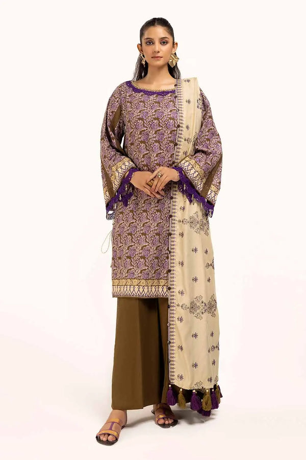 3 Piece Unstitched Embroidered Cotail Suit with Printed Twill Cotton Linen Dupatta