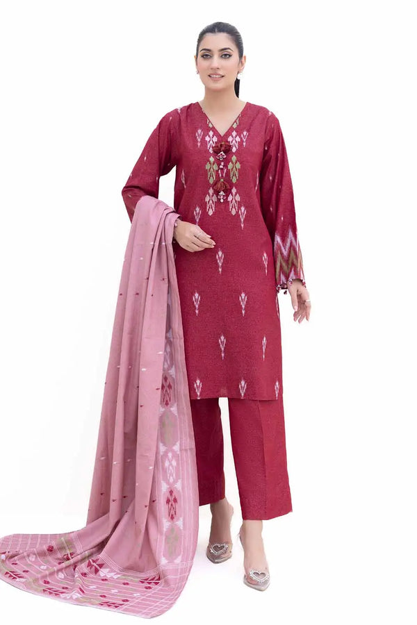 3 Piece Unstitched Embroidered Karandi Suit with Jacquard Dupatta